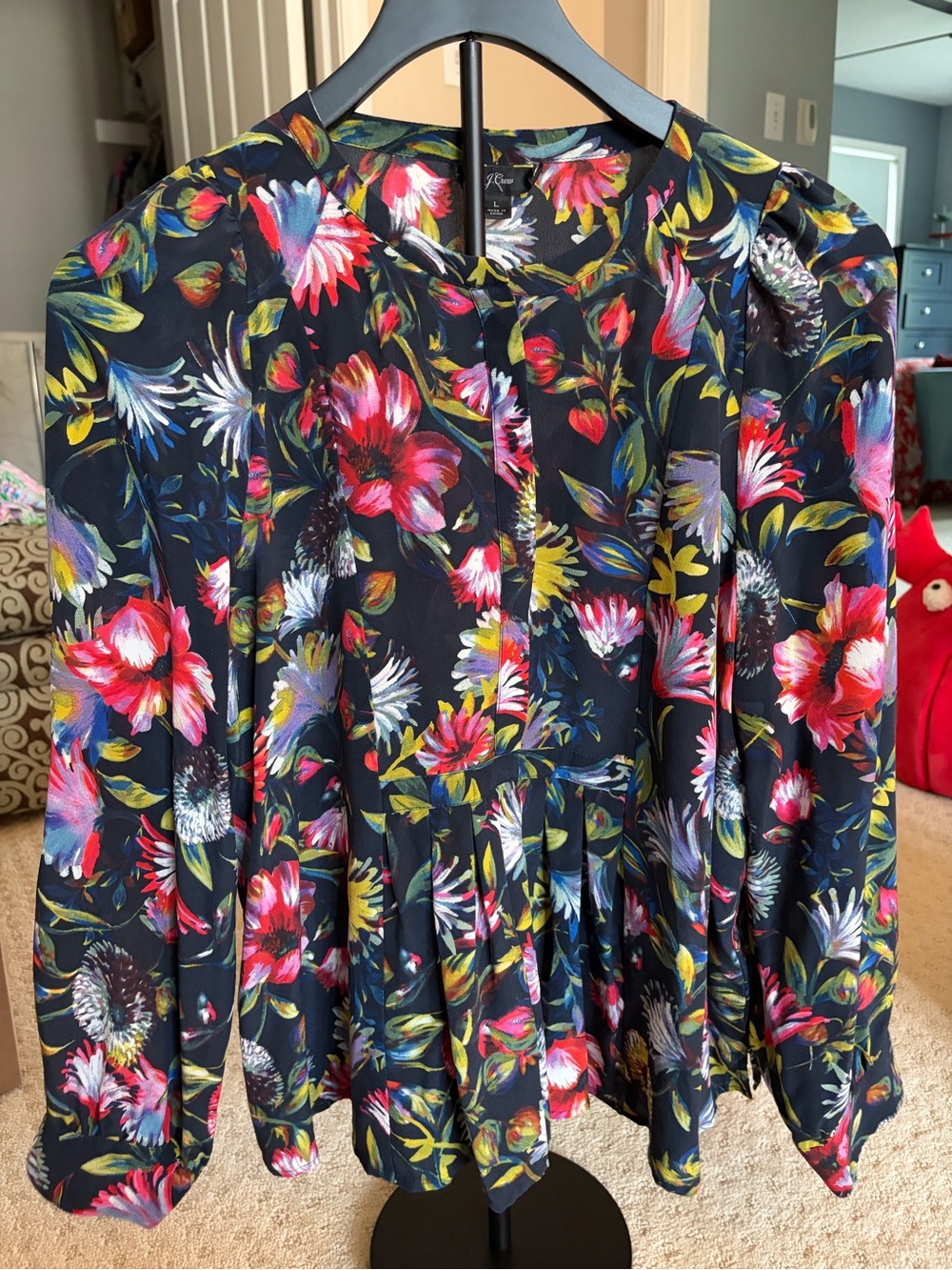 J. Crew navy Floral Long-Sleeve Peplum Blouse